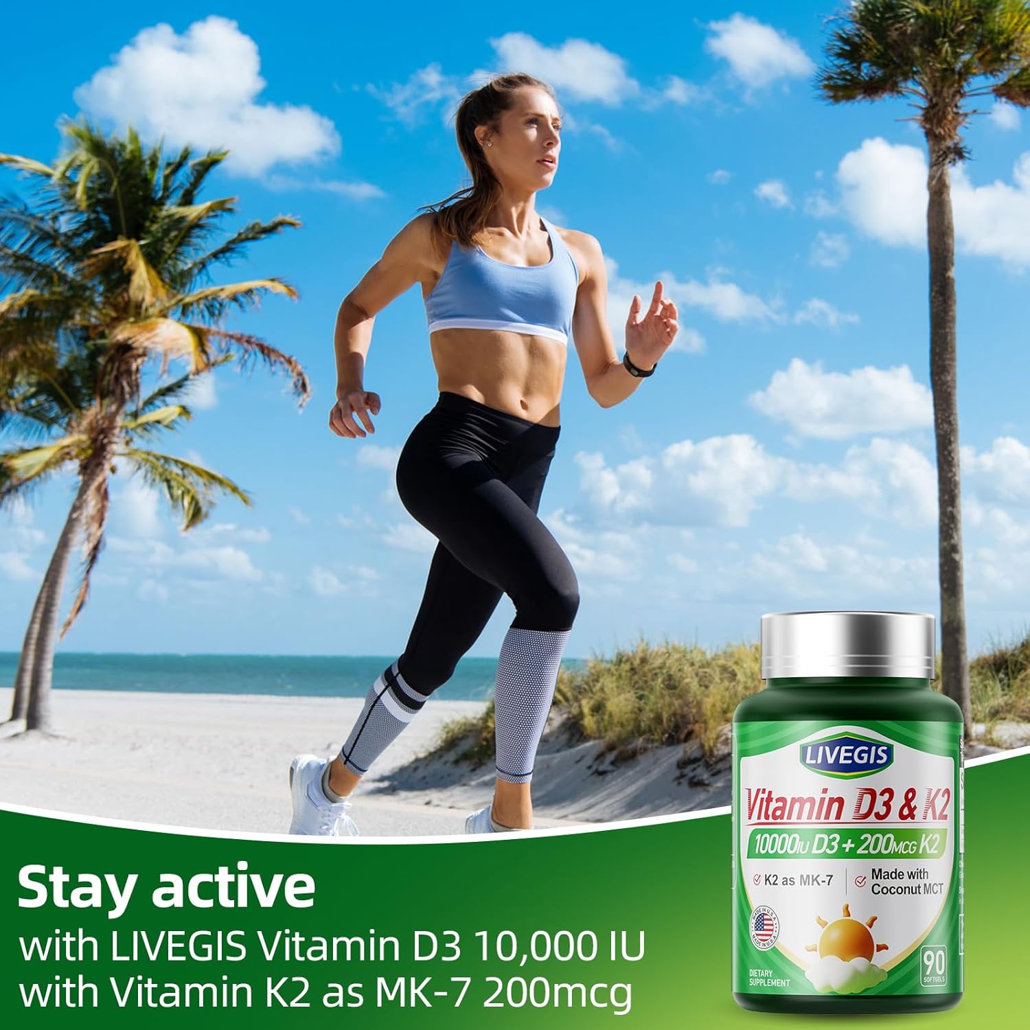 Vitamin D3 K2 Softgels with Coconut Oil - 10000 IU D3 and 200 mcg K2 (MK-7) - Easy to Swallow 2 in 1 Supplement for Calcium Absorption, Immune, and Heart Health - 90 Count
