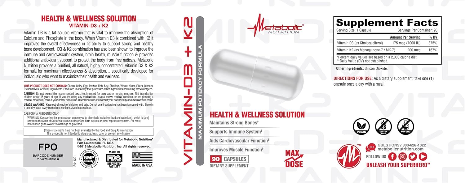 Vitamin D3 + K2 Supplement for Bone, Heart Health & Immune Support - 90 Veggie Capsules, 7000IU Dose