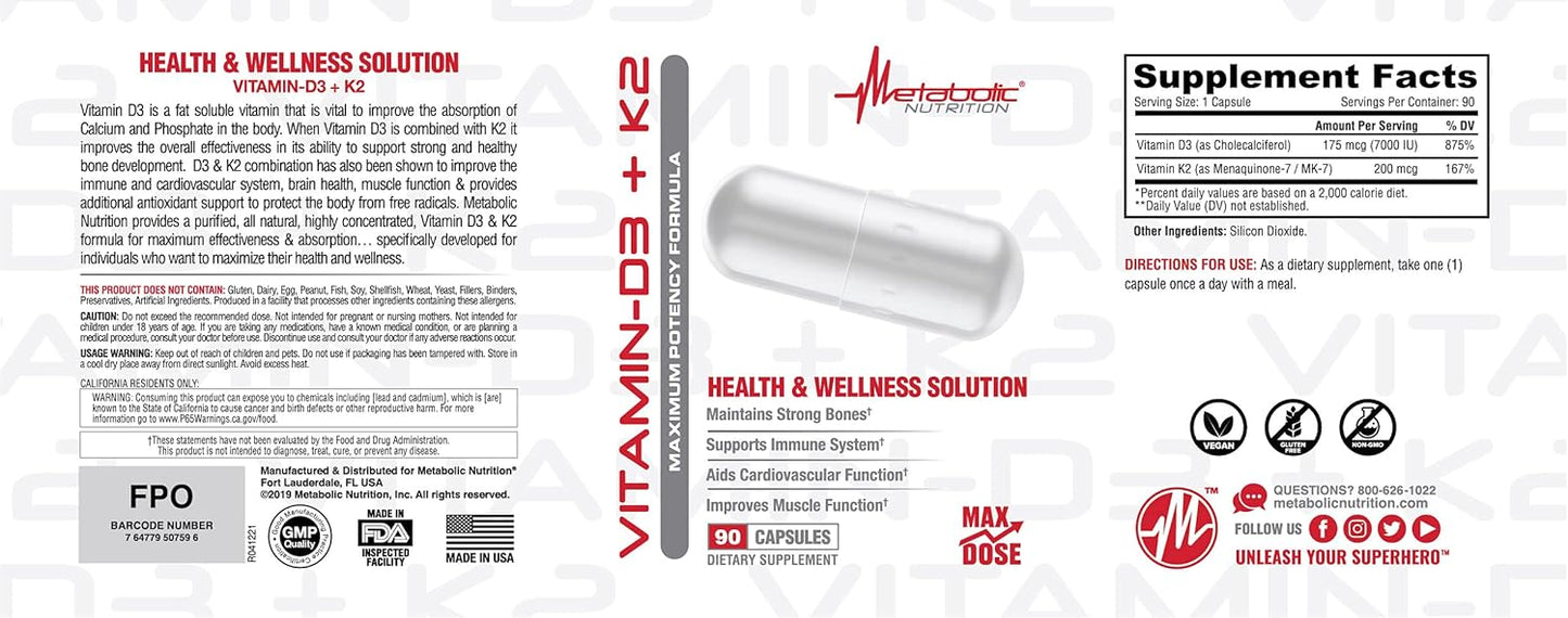 Vitamin D3 + K2 Supplement for Bone, Heart Health & Immune Support - 90 Veggie Capsules, 7000IU Dose