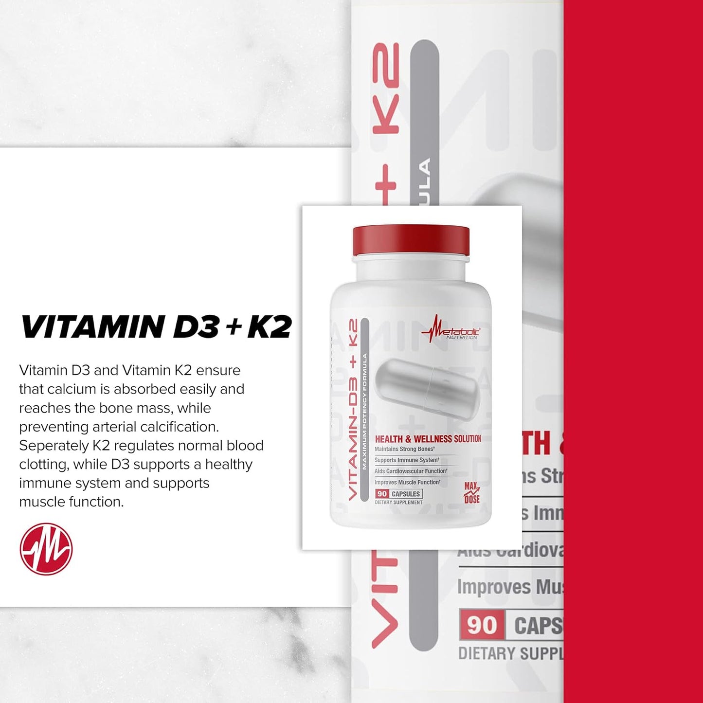 Vitamin D3 + K2 Supplement for Bone, Heart Health & Immune Support - 90 Veggie Capsules, 7000IU Dose
