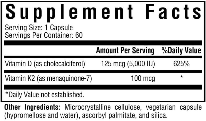 Vitamin D3 + K2 Supplement for Bone, Immune, and Circulatory Health - 5000 IU D3, 100 mcg K2 - 60 Vegetarian Capsules
