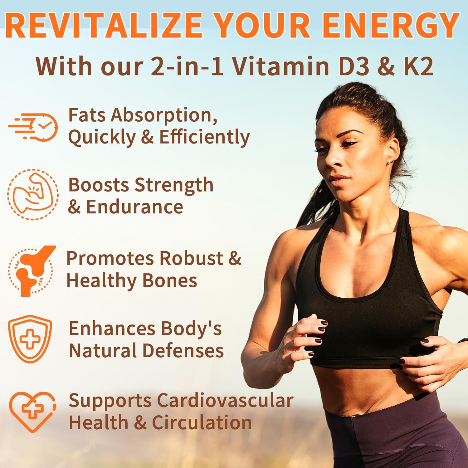 Vitamin D3 K2 Supplement Softgel with 10,000 IU VIT D3 + 200 MCG Vitamin K2 - 120 Softgels with Coconut Oil - GMO-Free