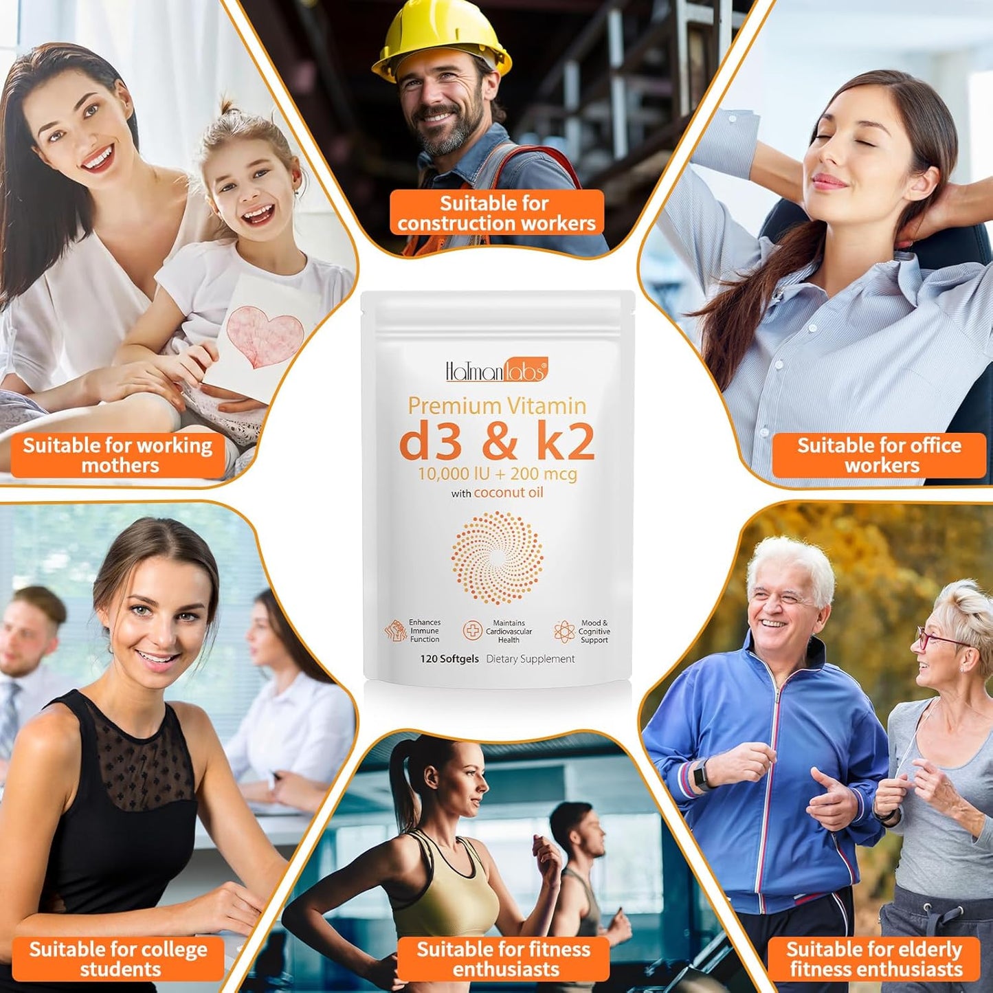 Vitamin D3 K2 Supplement Softgel with 10,000 IU VIT D3 + 200 MCG Vitamin K2 - 120 Softgels with Coconut Oil - GMO-Free
