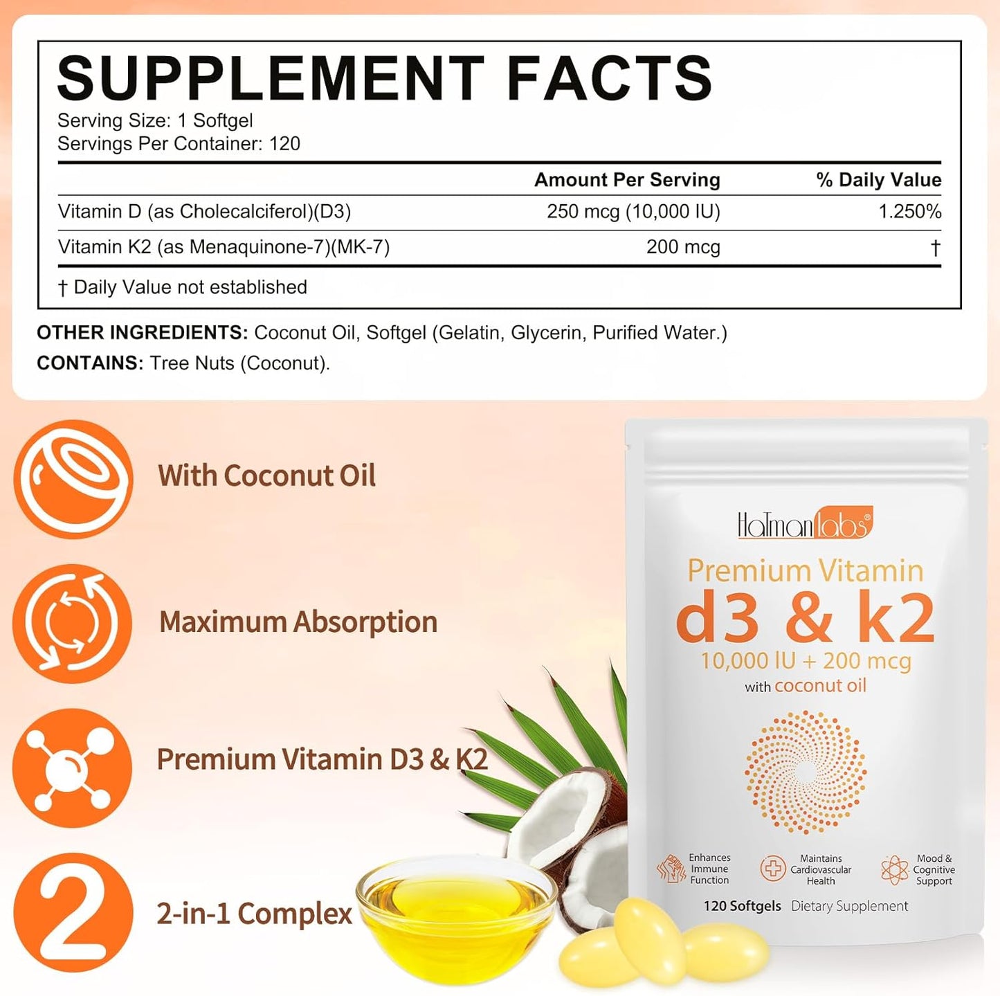 Vitamin D3 K2 Supplement Softgel with 10,000 IU VIT D3 + 200 MCG Vitamin K2 - 120 Softgels with Coconut Oil - GMO-Free