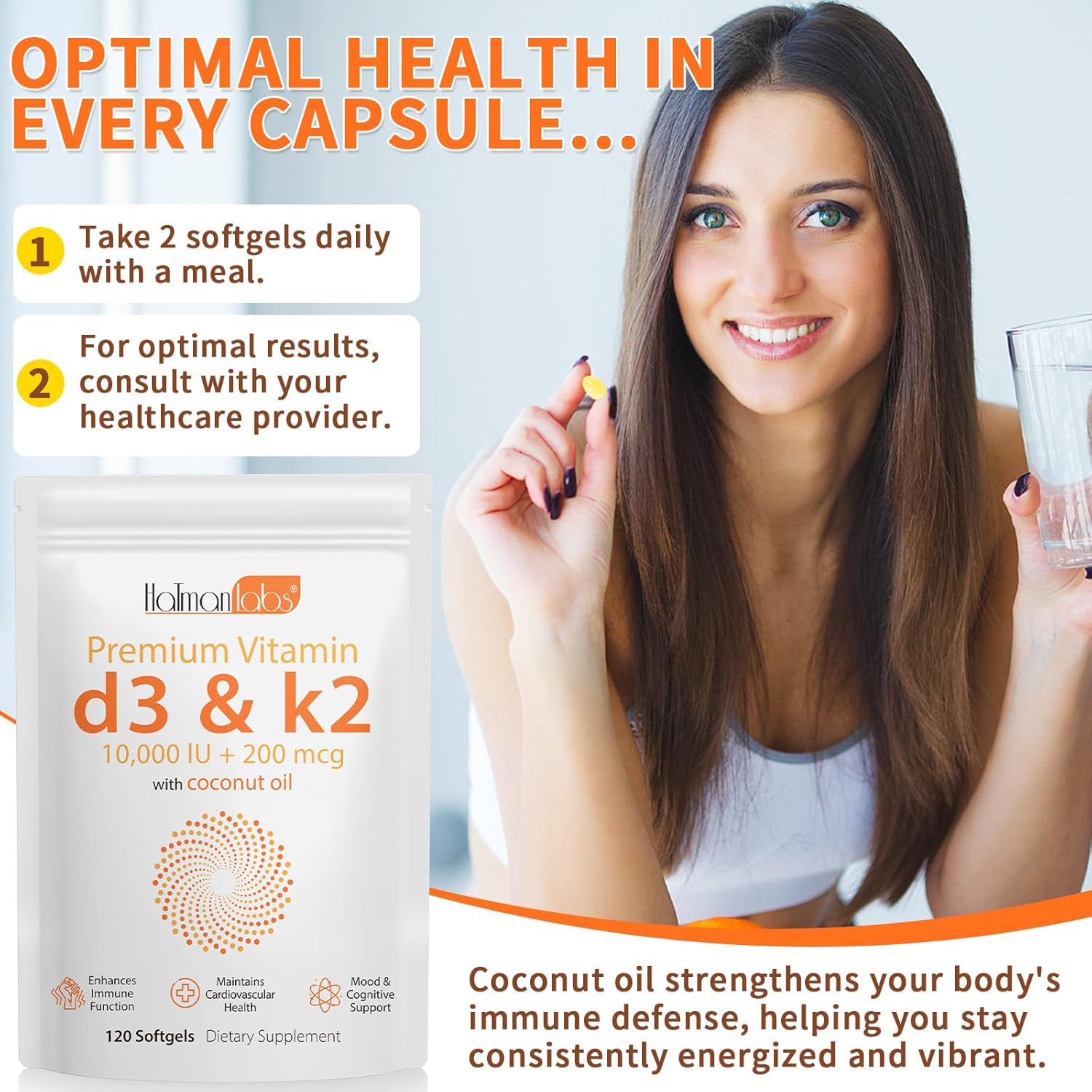 Vitamin D3 K2 Supplement Softgel with 10,000 IU VIT D3 + 200 MCG Vitamin K2 - 120 Softgels with Coconut Oil - GMO-Free