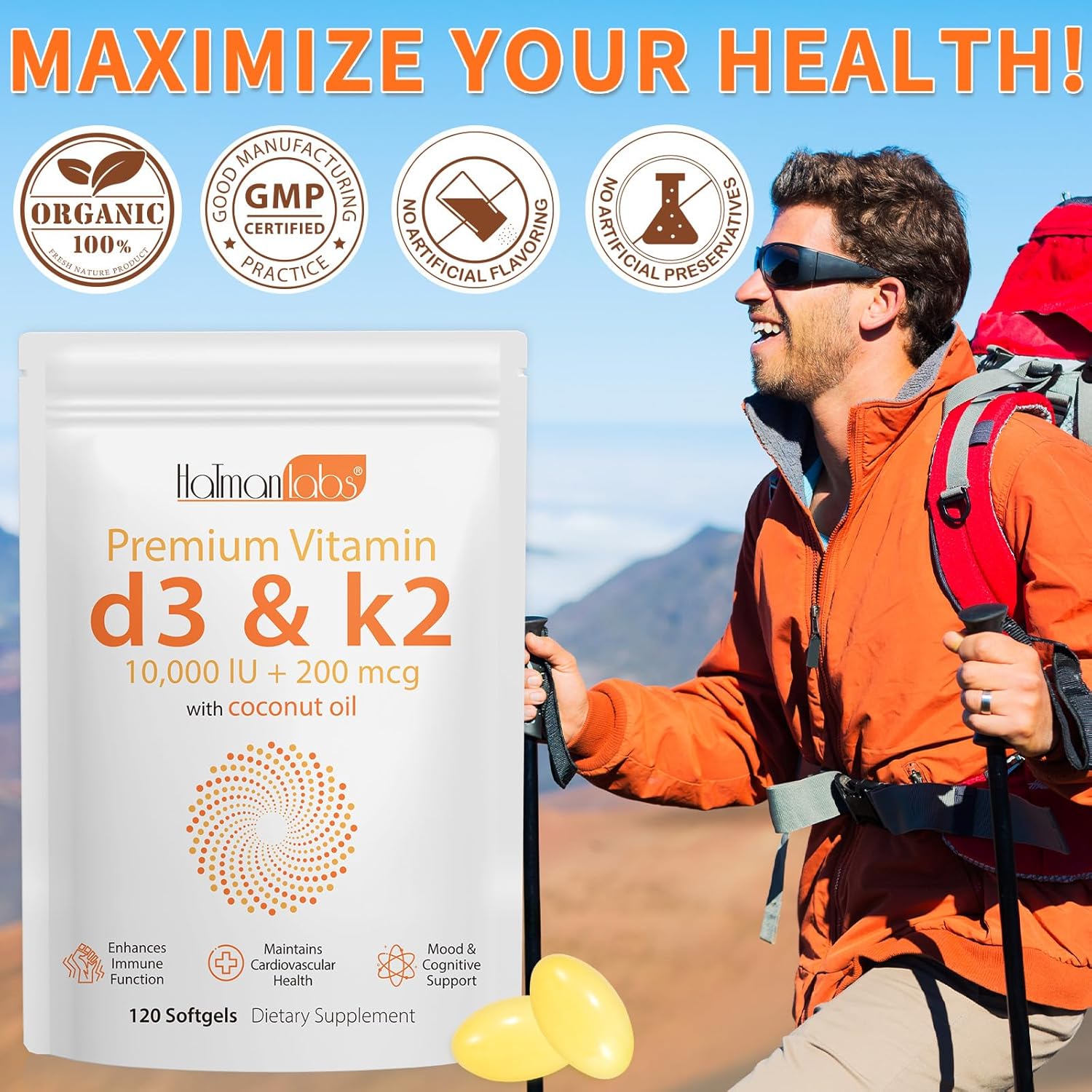 Vitamin D3 K2 Supplement Softgel with 10,000 IU VIT D3 + 200 MCG Vitamin K2 - 120 Softgels with Coconut Oil - GMO-Free