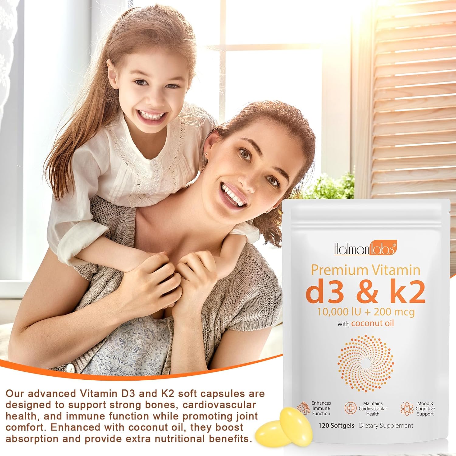 Vitamin D3 K2 Supplement Softgel with 10,000 IU VIT D3 + 200 MCG Vitamin K2 - 120 Softgels with Coconut Oil - GMO-Free