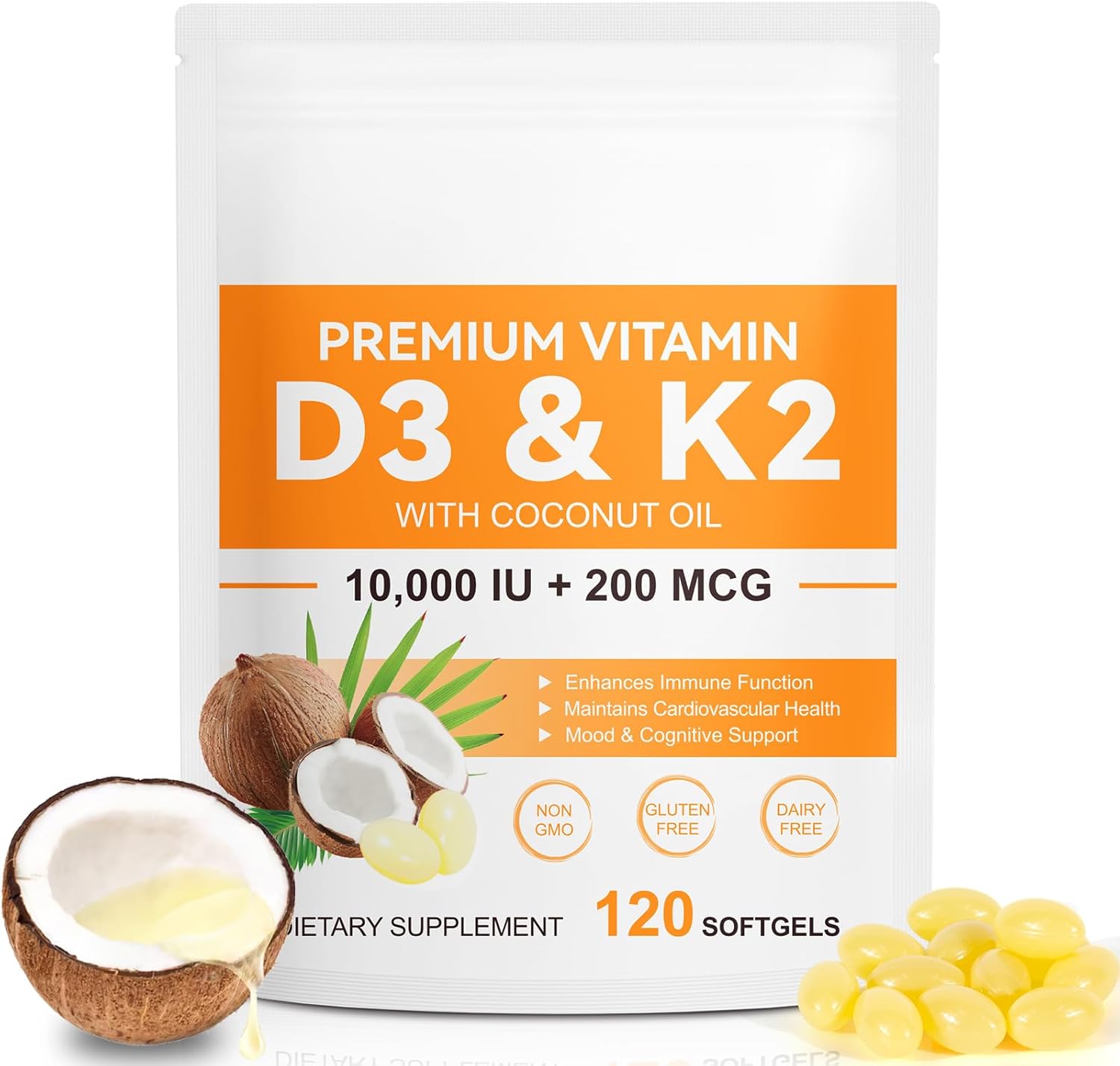 Vitamin D3 K2 Supplement with Coconut Oil for Muscle Bone Immune Support - 120 Softgels - 10000 IU D3, 200 mcg K2 - Non-GMO - Easy to Swallow