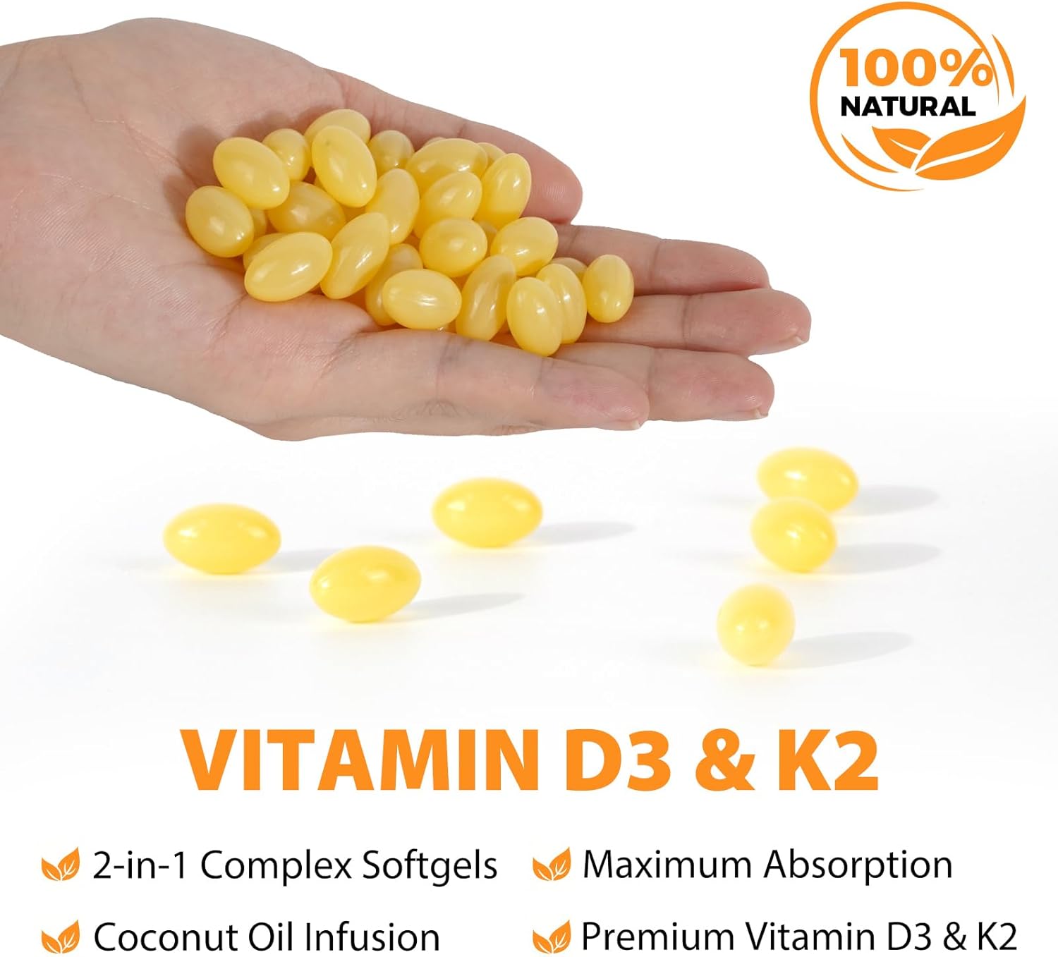 Vitamin D3 K2 Supplement with Coconut Oil for Muscle Bone Immune Support - 120 Softgels - 10000 IU D3, 200 mcg K2 - Non-GMO - Easy to Swallow
