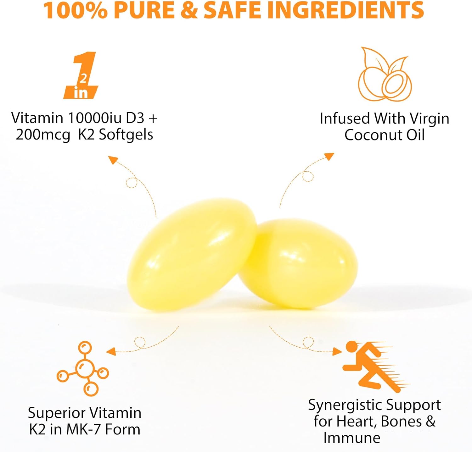 Vitamin D3 K2 Supplement with Coconut Oil for Muscle Bone Immune Support - 120 Softgels - 10000 IU D3, 200 mcg K2 - Non-GMO - Easy to Swallow