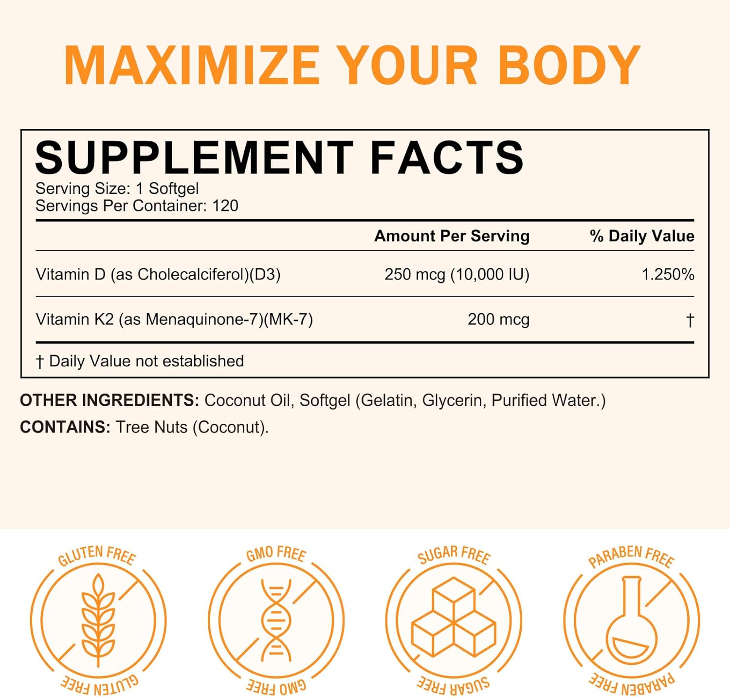 Vitamin D3 K2 Supplement with Coconut Oil for Muscle Bone Immune Support - 120 Softgels - 10000 IU D3, 200 mcg K2 - Non-GMO - Easy to Swallow