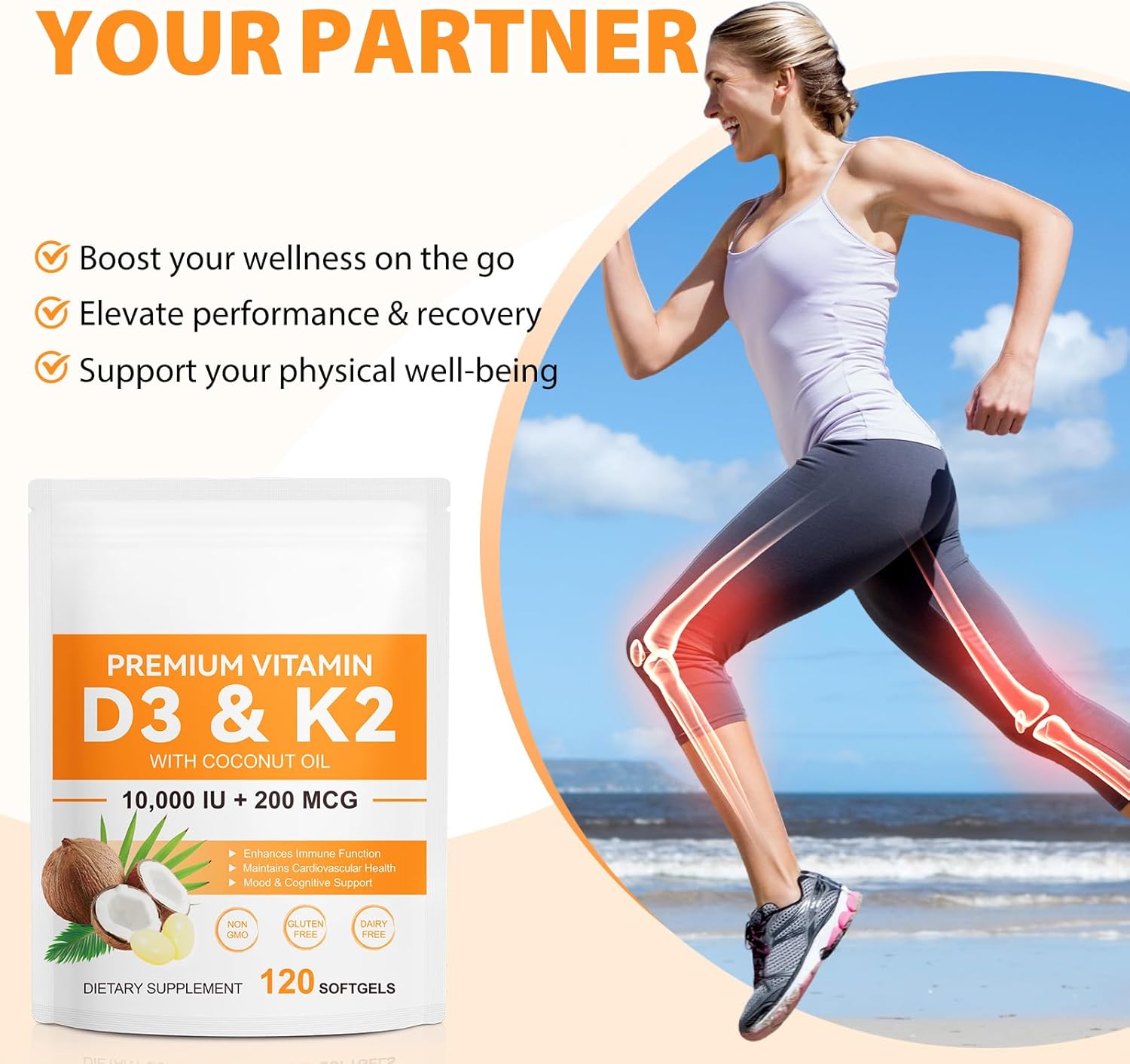Vitamin D3 K2 Supplement with Coconut Oil for Muscle Bone Immune Support - 120 Softgels - 10000 IU D3, 200 mcg K2 - Non-GMO - Easy to Swallow