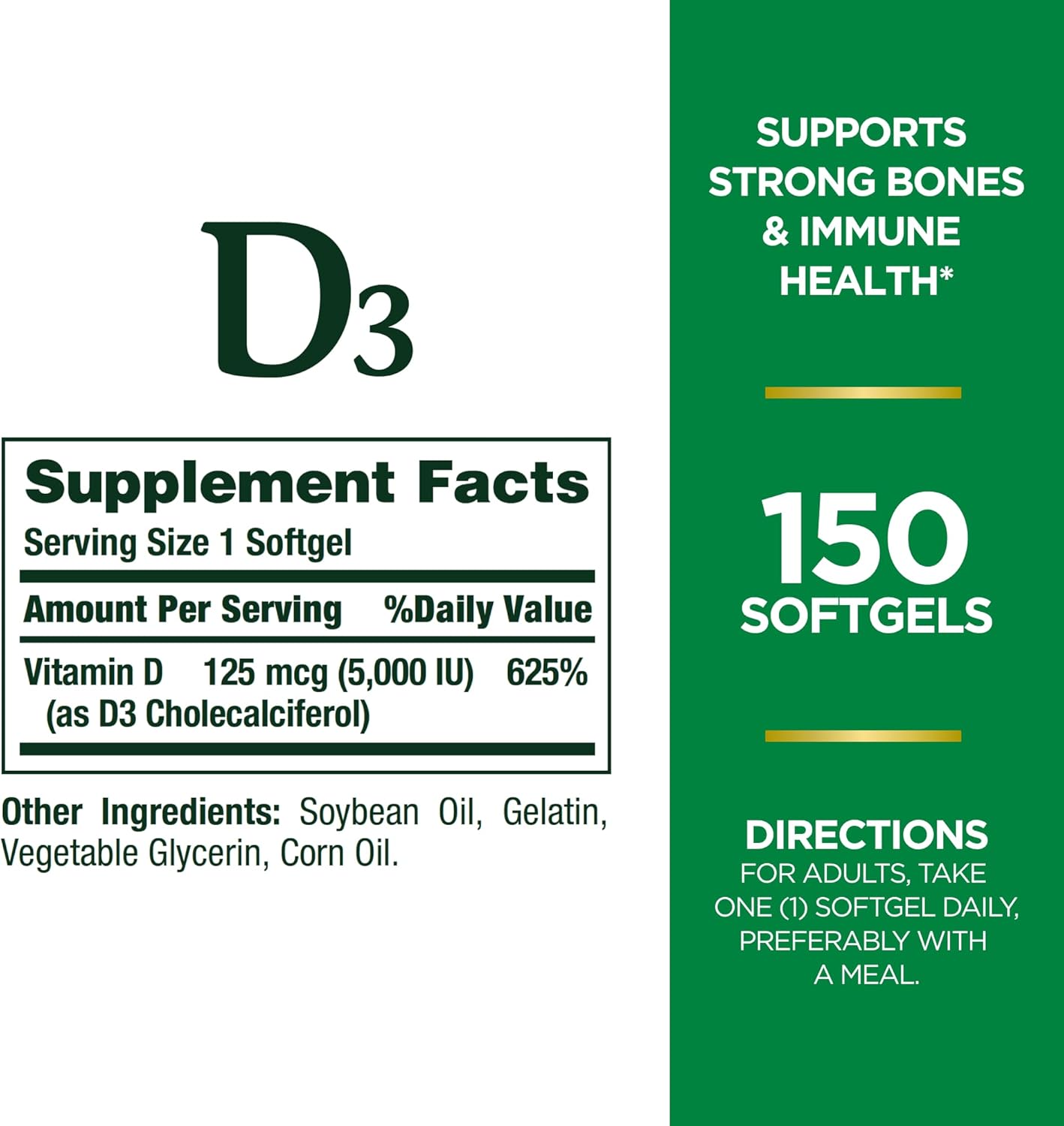 Vitamin D3 Rapid Release Softgels - 5000IU for Immune and Bone Support - 150 Ct Bottle