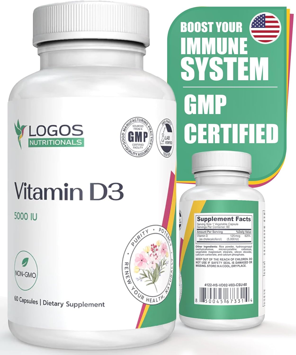 Vitamin D3 Supplement - 5000 IU Capsules for Bone, Teeth, Muscle, Heart, and Immune Health - Dairy and Soy-Free Formula