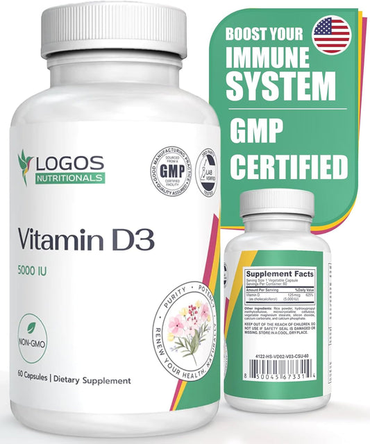 Vitamin D3 Supplement - 5000 IU Capsules for Bone, Teeth, Muscle, Heart, and Immune Health - Dairy and Soy-Free Formula