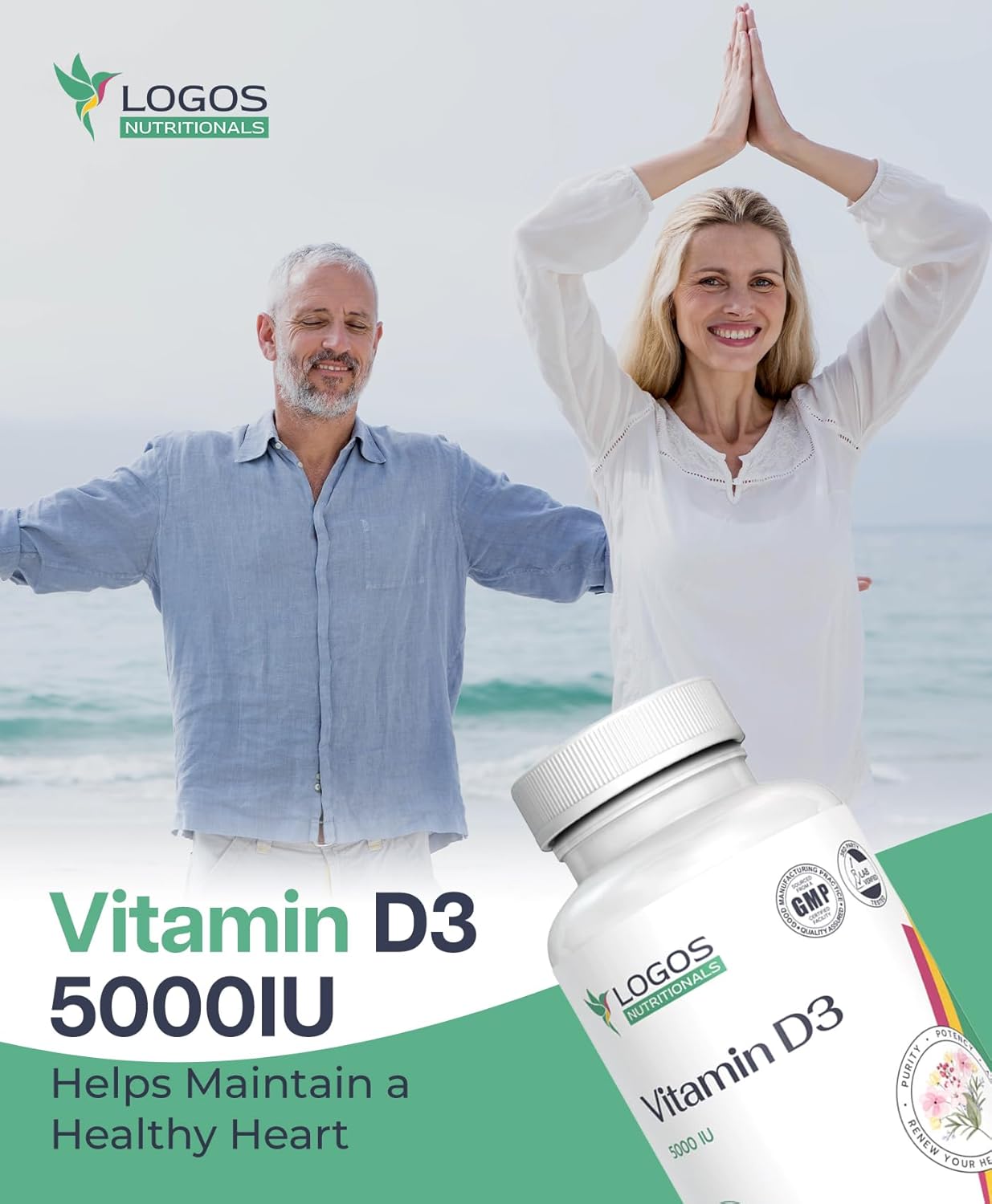 Vitamin D3 Supplement - 5000 IU Capsules for Bone, Teeth, Muscle, Heart, and Immune Health - Dairy and Soy-Free Formula