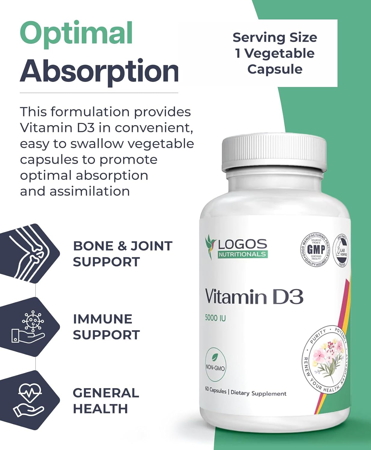 Vitamin D3 Supplement - 5000 IU Capsules for Bone, Teeth, Muscle, Heart, and Immune Health - Dairy and Soy-Free Formula