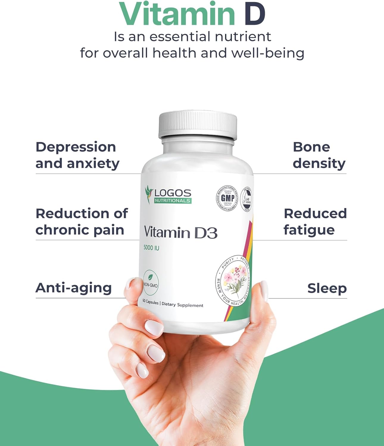 Vitamin D3 Supplement - 5000 IU Capsules for Bone, Teeth, Muscle, Heart, and Immune Health - Dairy and Soy-Free Formula