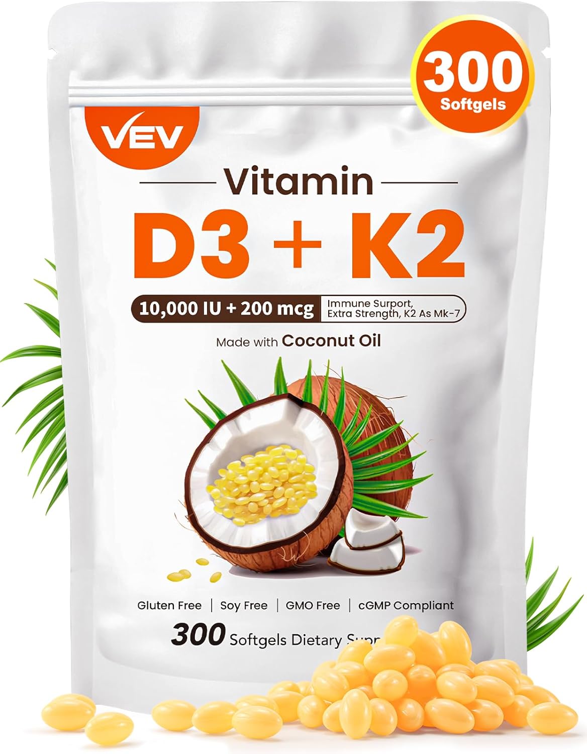 Vitamin D3 with K2 10000 IU Softgels - 300 Virgin Coconut Oil Capsules - Supports Bone Health, Calcium Absorption - Easy to Swallow - 2 in 1 Supplement with MK7 - Packaging May Vary