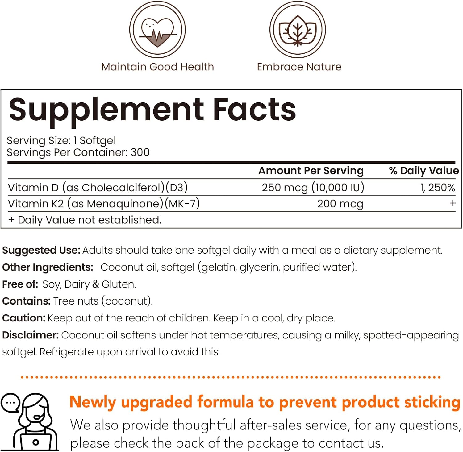Vitamin D3 with K2 10000 IU Softgels - 300 Virgin Coconut Oil Capsules - Supports Bone Health, Calcium Absorption - Easy to Swallow - 2 in 1 Supplement with MK7 - Packaging May Vary