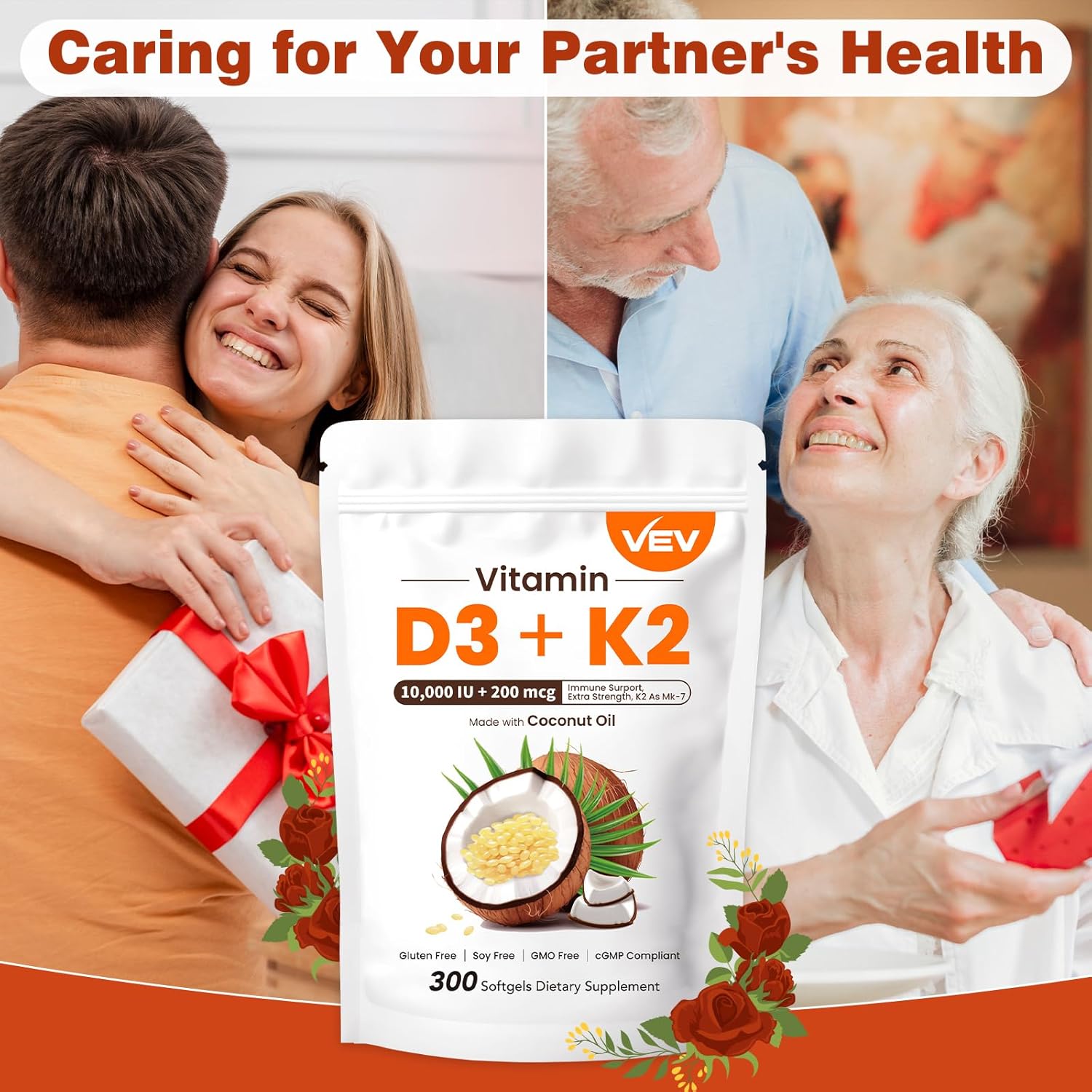 Vitamin D3 with K2 10000 IU Softgels - 300 Virgin Coconut Oil Capsules - Supports Bone Health, Calcium Absorption - Easy to Swallow - 2 in 1 Supplement with MK7 - Packaging May Vary