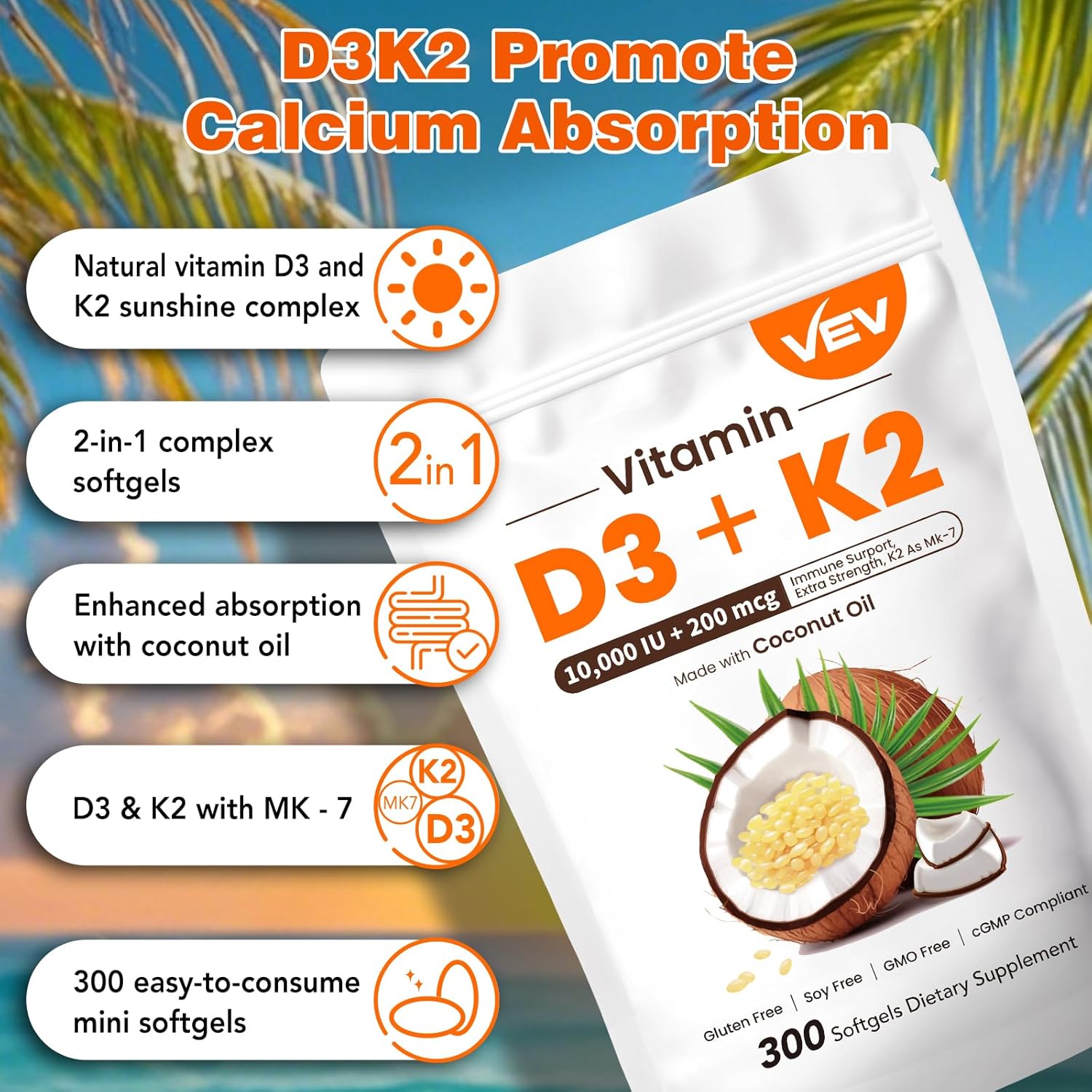 Vitamin D3 with K2 10000 IU Softgels - 300 Virgin Coconut Oil Capsules - Supports Bone Health, Calcium Absorption - Easy to Swallow - 2 in 1 Supplement with MK7 - Packaging May Vary