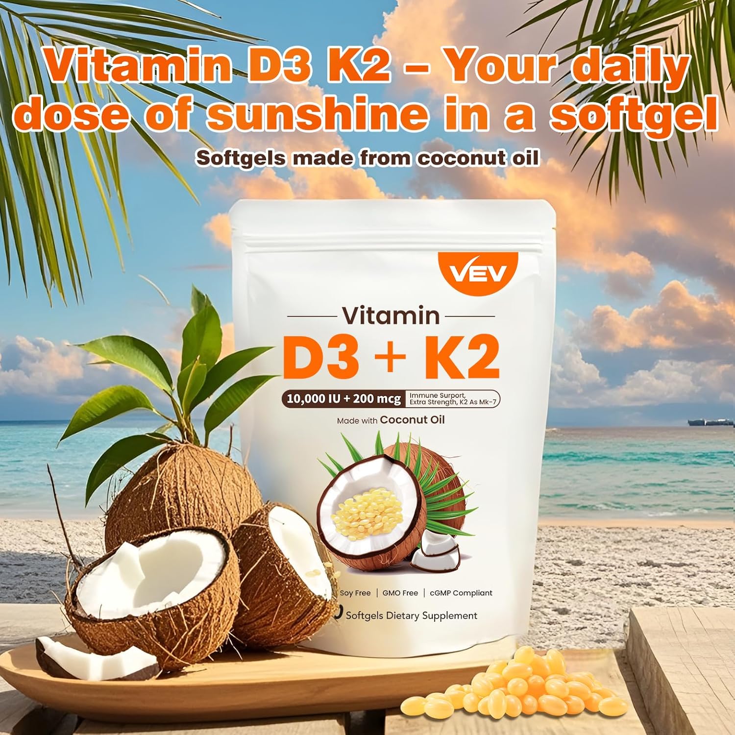 Vitamin D3 with K2 10000 IU Softgels - 300 Virgin Coconut Oil Capsules - Supports Bone Health, Calcium Absorption - Easy to Swallow - 2 in 1 Supplement with MK7 - Packaging May Vary