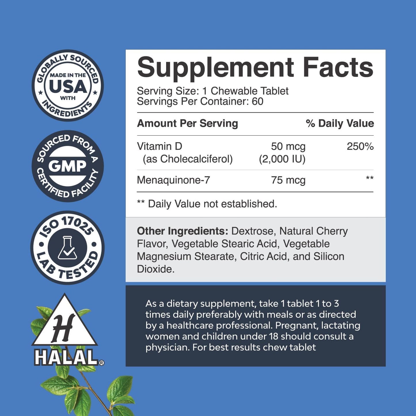 Vitamin D3 with K2 MK7 Supplement for Immune Support, Bone Strength, and Heart Health - 2000 IU Tablets for Joint Support and Mood Boost - VIT Immune System Builder