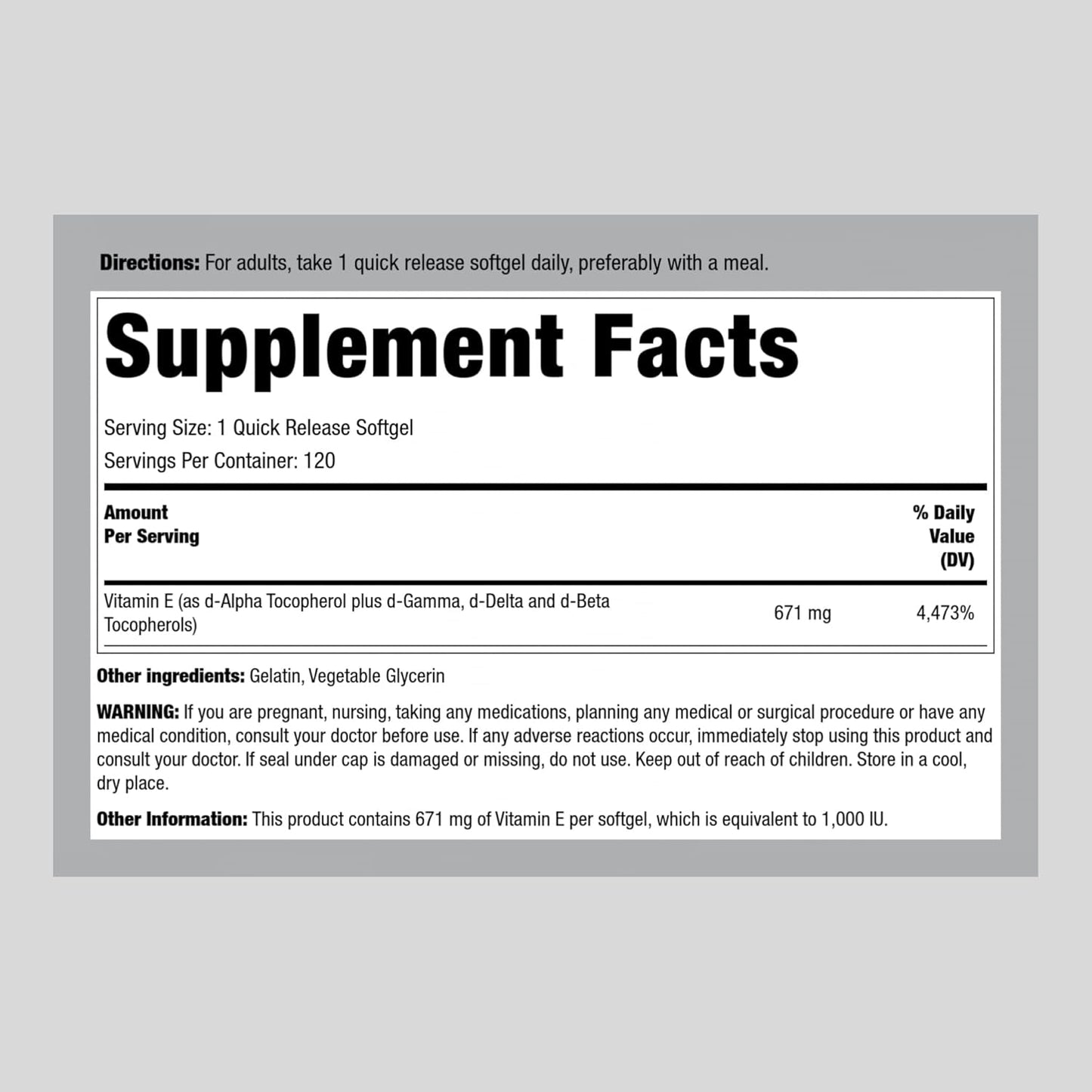 Vitamin E 1000 IU Softgels with D-Alpha and Mixed Tocopherols - 120 Count - Gluten Free, Non-GMO Supplement