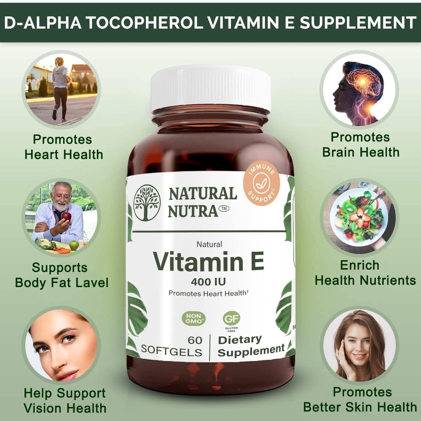 Vitamin E 400 IU Supplement for Skin, Hair, Nails, Heart Health - 60 Softgels by Natural Nutra