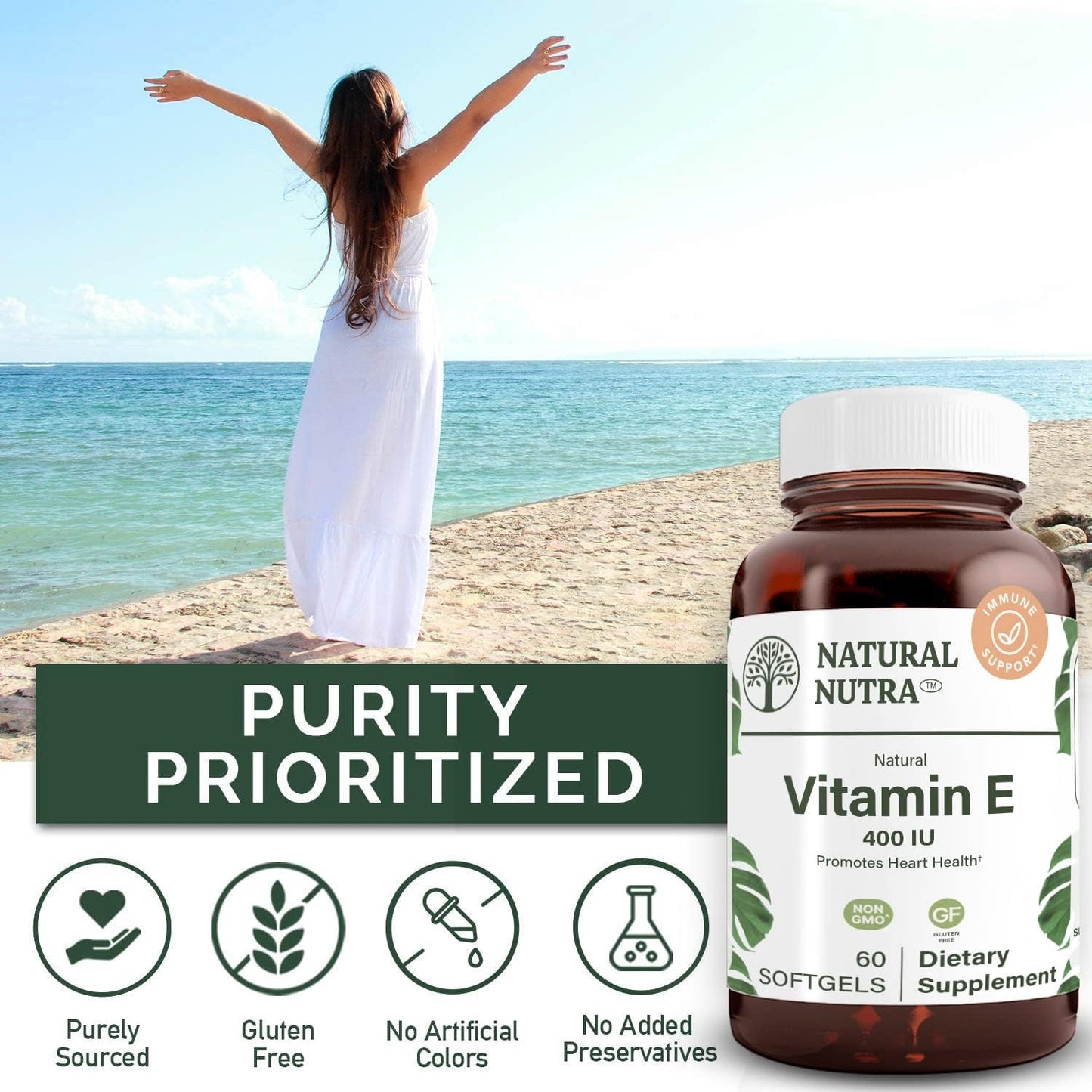 Vitamin E 400 IU Supplement for Skin, Hair, Nails, Heart Health - 60 Softgels by Natural Nutra