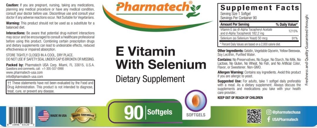 Vitamin E with Selenium Softgels for Immune Support and Healthy Skin, Antioxidant Supplement, Non-GMO, Gluten-Free - 90 ct.