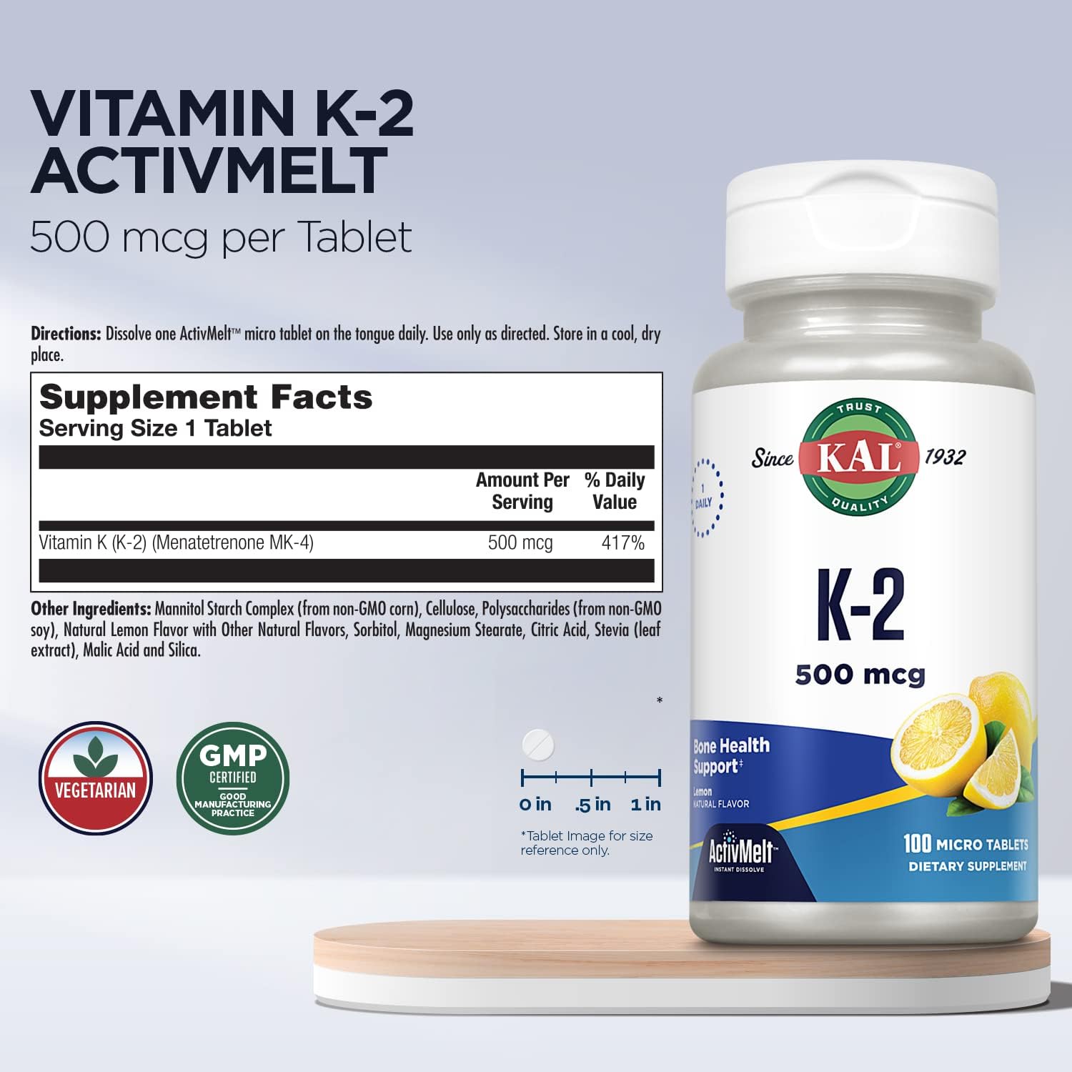 Vitamin K2 500mcg Bone Heart Artery Health Supplement ActivMelts Lemon Vegetarian Tablets
