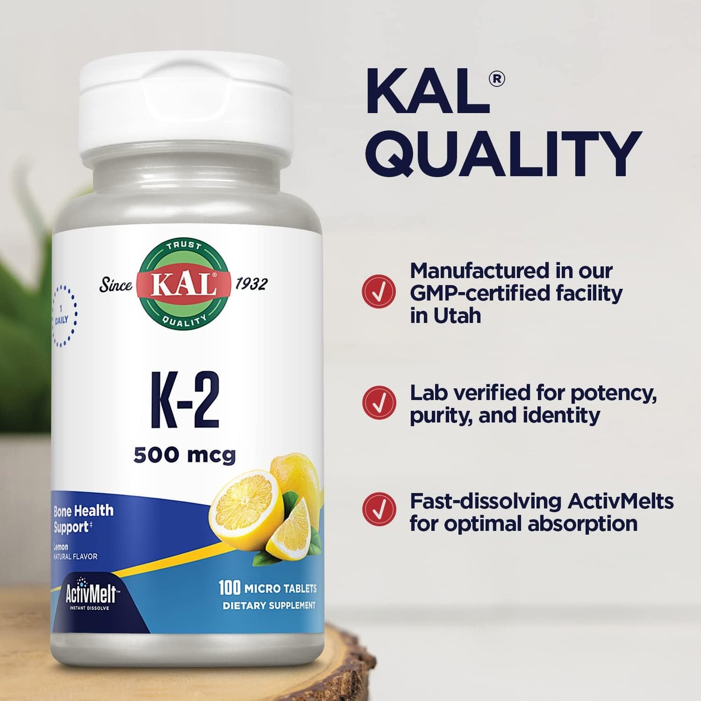 Vitamin K2 500mcg Bone Heart Artery Health Supplement ActivMelts Lemon Vegetarian Tablets