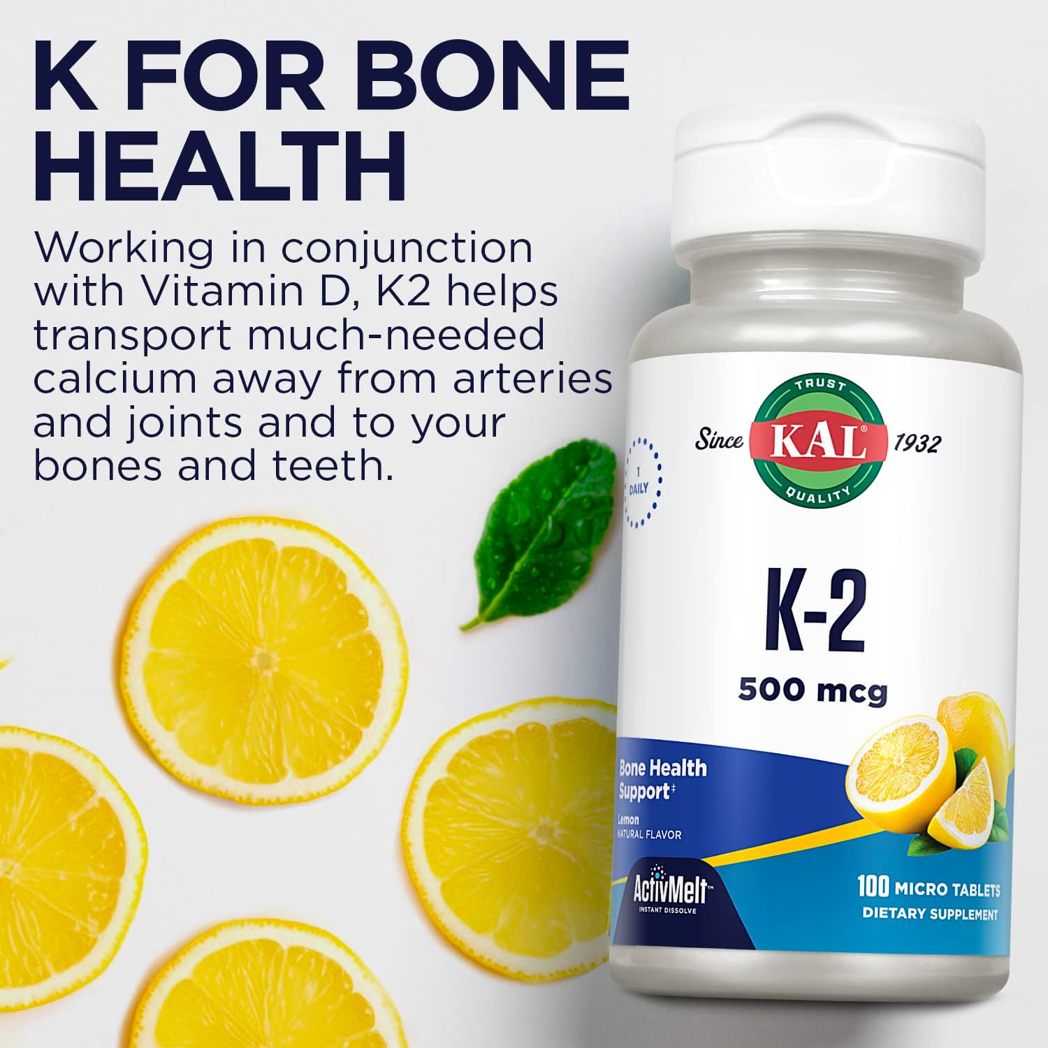 Vitamin K2 500mcg Bone Heart Artery Health Supplement ActivMelts Lemon Vegetarian Tablets