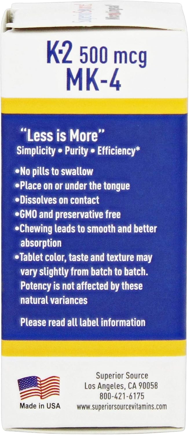 Vitamin K2 MK-4 500 mcg Quick Dissolve Tablets 60 Count for Bone & Artery Health, Immunity, Cardiovascular Support, Protein Synthesis - Non-GMO