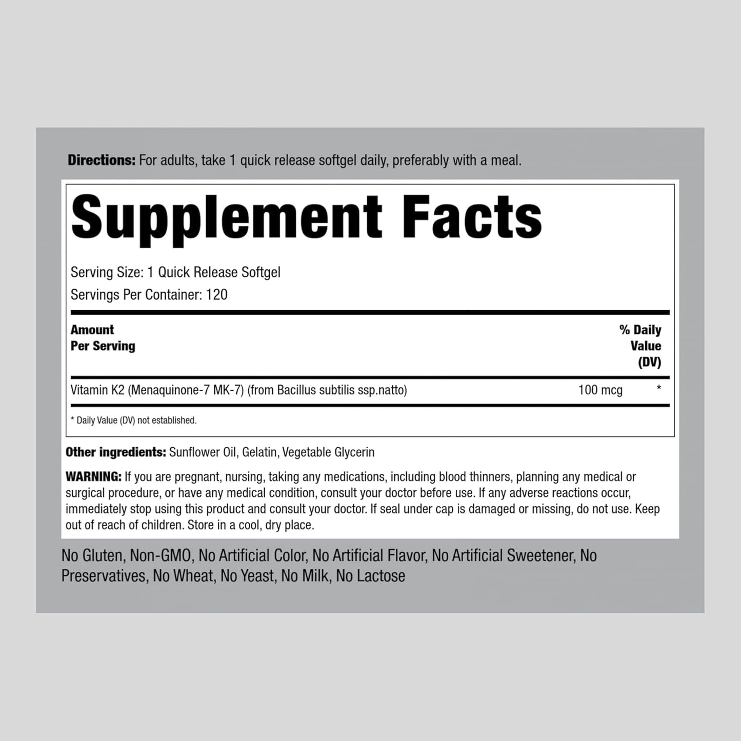 Vitamin K2 MK-7 100 mcg Softgels - 120 Count Non-GMO Gluten Free Supplement by Piping Rock