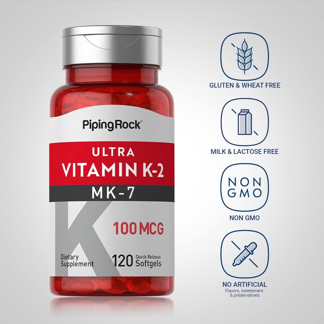 Vitamin K2 MK-7 100 mcg Softgels - 120 Count Non-GMO Gluten Free Supplement by Piping Rock