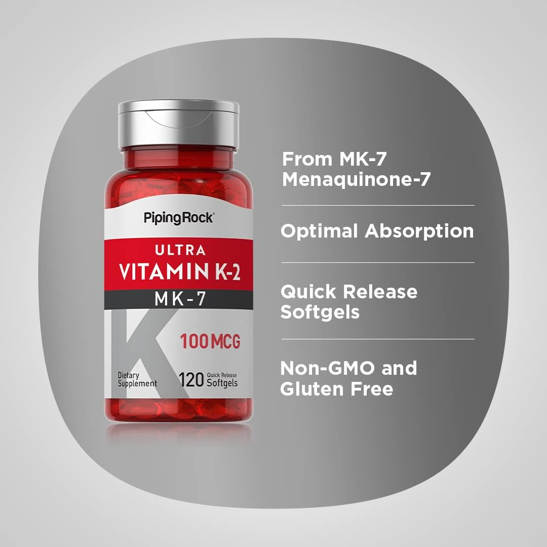 Vitamin K2 MK-7 100 mcg Softgels - 120 Count Non-GMO Gluten Free Supplement by Piping Rock