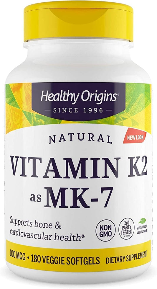 Vitamin K2 MK-7 100mcg - Heart & Bone Health Support - Gluten-Free - 180 Veggie Softgels