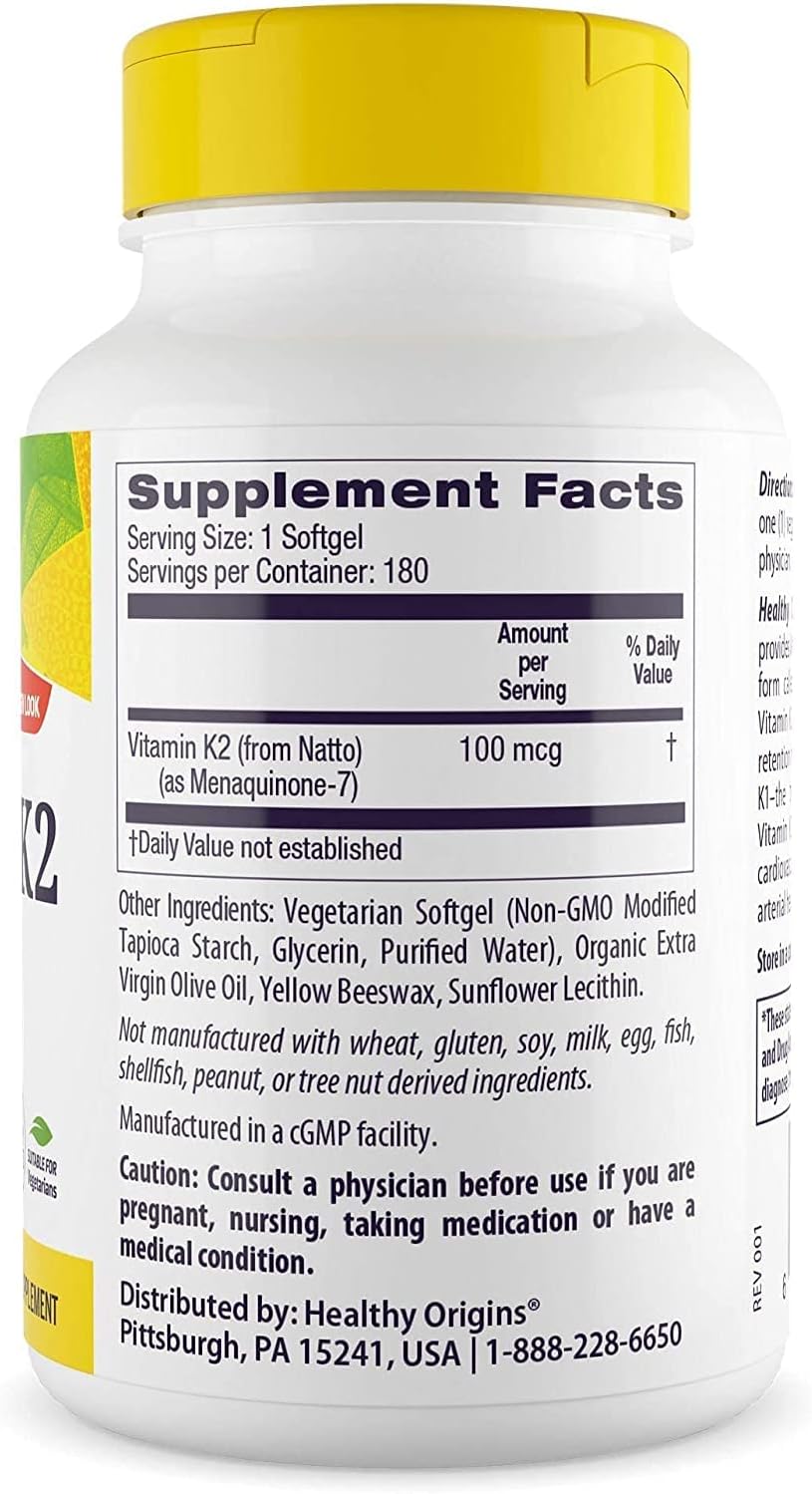 Vitamin K2 MK-7 100mcg - Heart & Bone Health Support - Gluten-Free - 180 Veggie Softgels