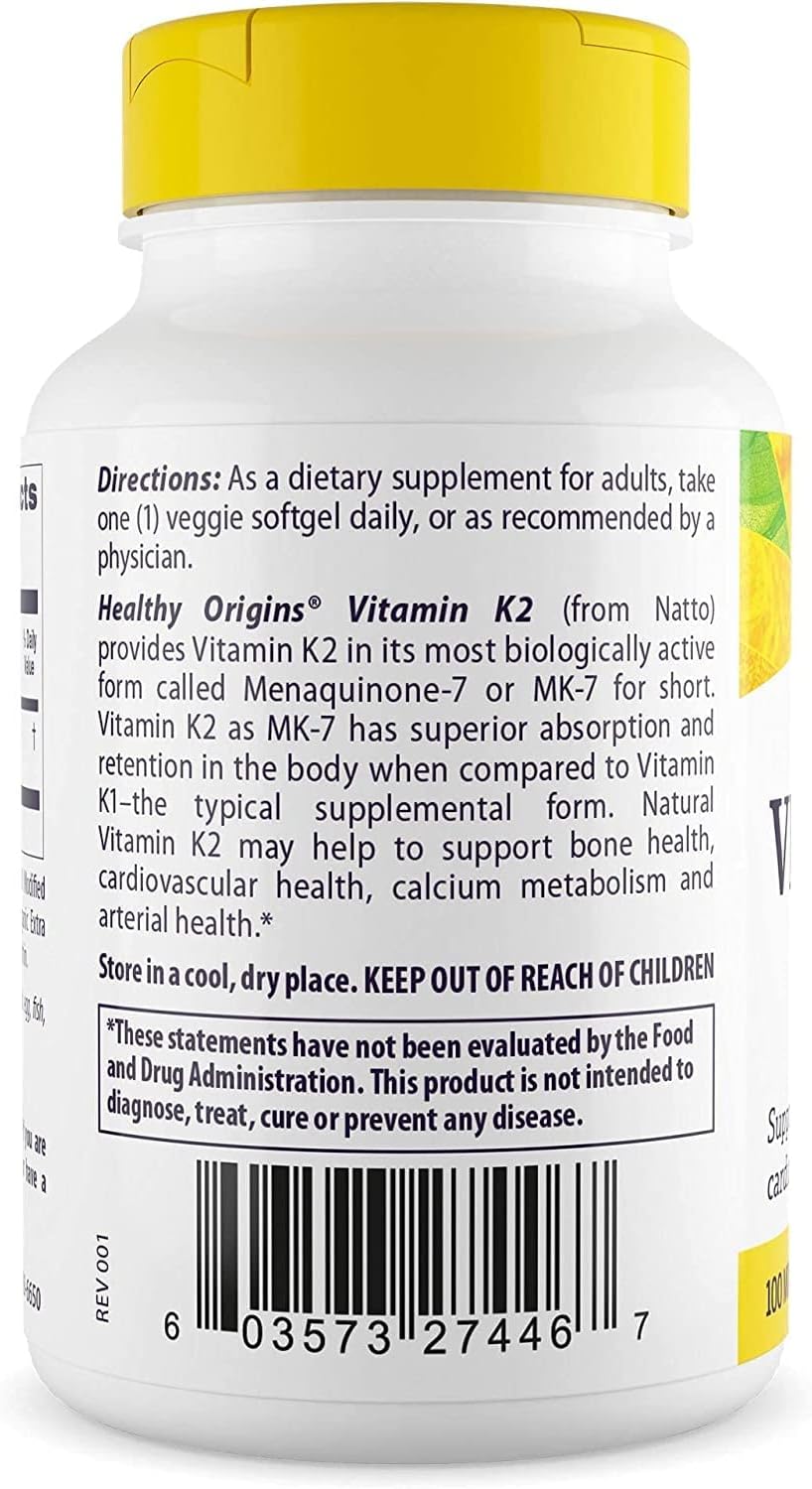 Vitamin K2 MK-7 100mcg - Heart & Bone Health Support - Gluten-Free - 180 Veggie Softgels