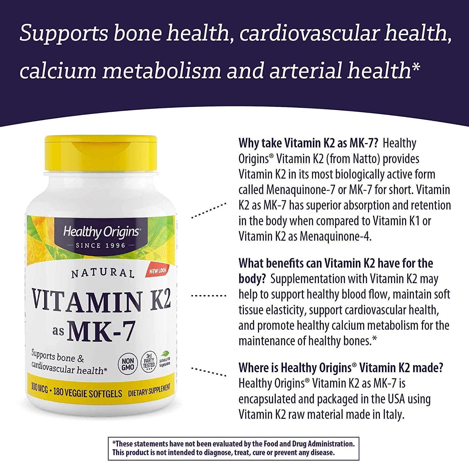 Vitamin K2 MK-7 100mcg - Heart & Bone Health Support - Gluten-Free - 180 Veggie Softgels
