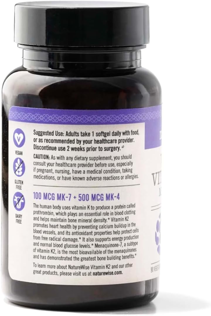 Vitamin K2 MK-7 100mcg and MK-4 500mcg Supplement for Bone and Heart Health - Enhanced Bioavailability - Vegan, Gluten Free - 90 Softgels