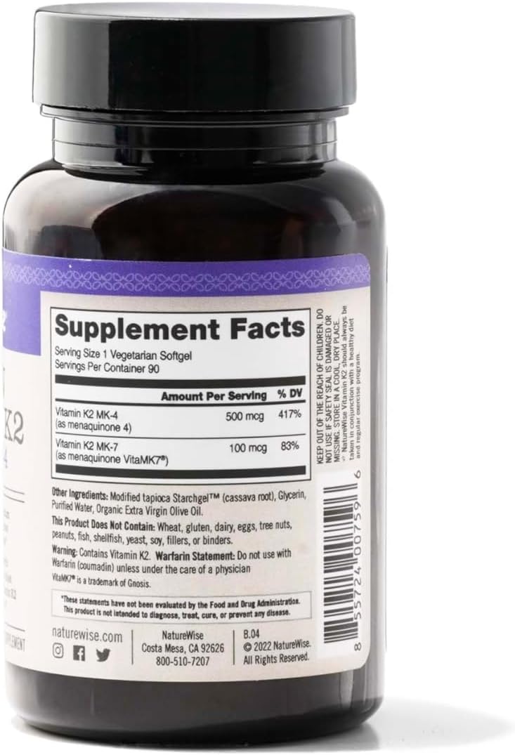 Vitamin K2 MK-7 100mcg and MK-4 500mcg Supplement for Bone and Heart Health - Enhanced Bioavailability - Vegan, Gluten Free - 90 Softgels