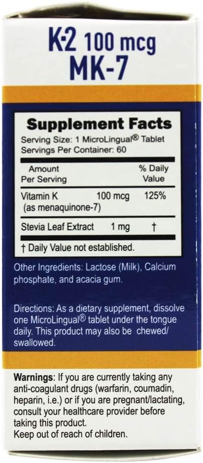 Vitamin K2 MK-7 100mcg Quick Dissolve Tablets, 60 Count, Bone & Artery Health, Immune & Heart Support