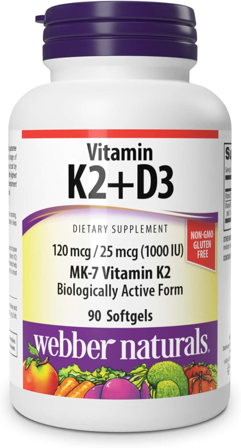 Vitamin K2 MK-7 (120mcg) with Vitamin D3 (1,000 IU) Softgels - Bone, Teeth, Cardio Support - 90 Count - Gluten Free, Non-GMO