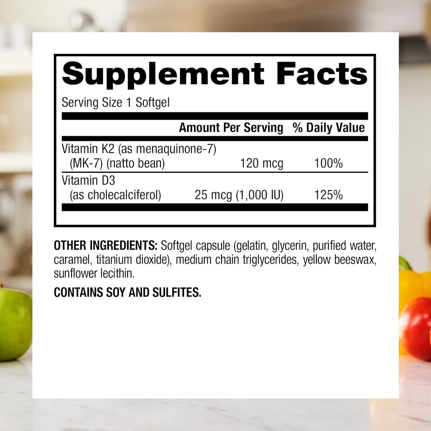 Vitamin K2 MK-7 (120mcg) with Vitamin D3 (1,000 IU) Softgels - Bone, Teeth, Cardio Support - 90 Count - Gluten Free, Non-GMO