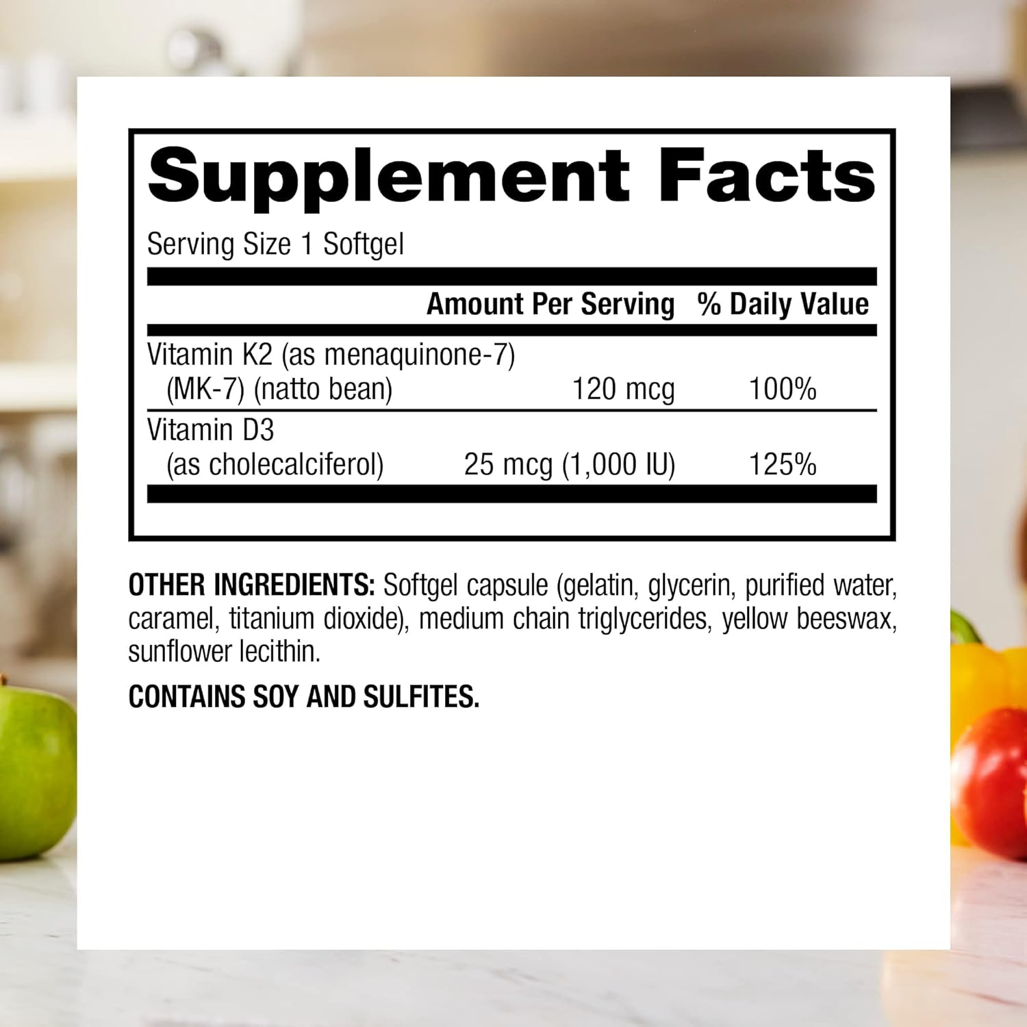 Vitamin K2 MK-7 (120mcg) with Vitamin D3 (1,000 IU) Softgels - Bone, Teeth, Cardio Support - 90 Count - Gluten Free, Non-GMO