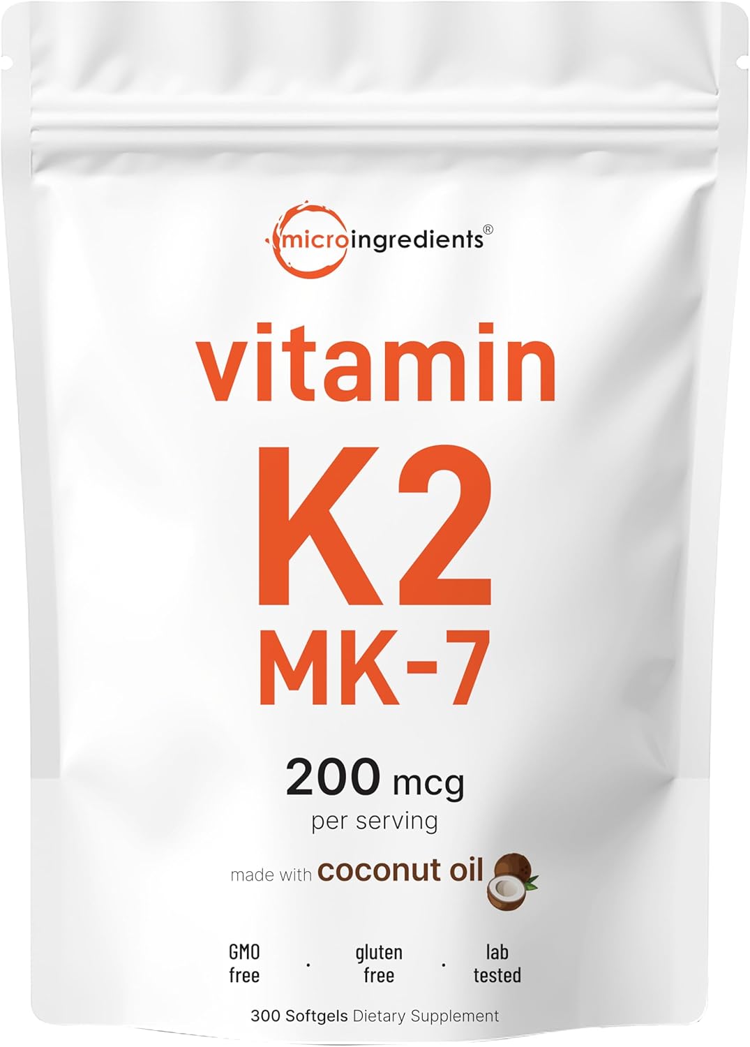 Vitamin K2 MK-7 Supplement with Coconut Oil Softgels for Immune, Joint, & Heart Support - 200 mcg Per Serving, Easily Absorbed Formula